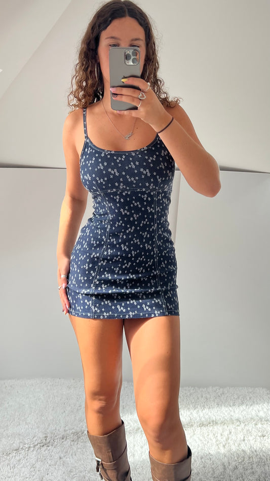 00s denim floral mini dress- size S