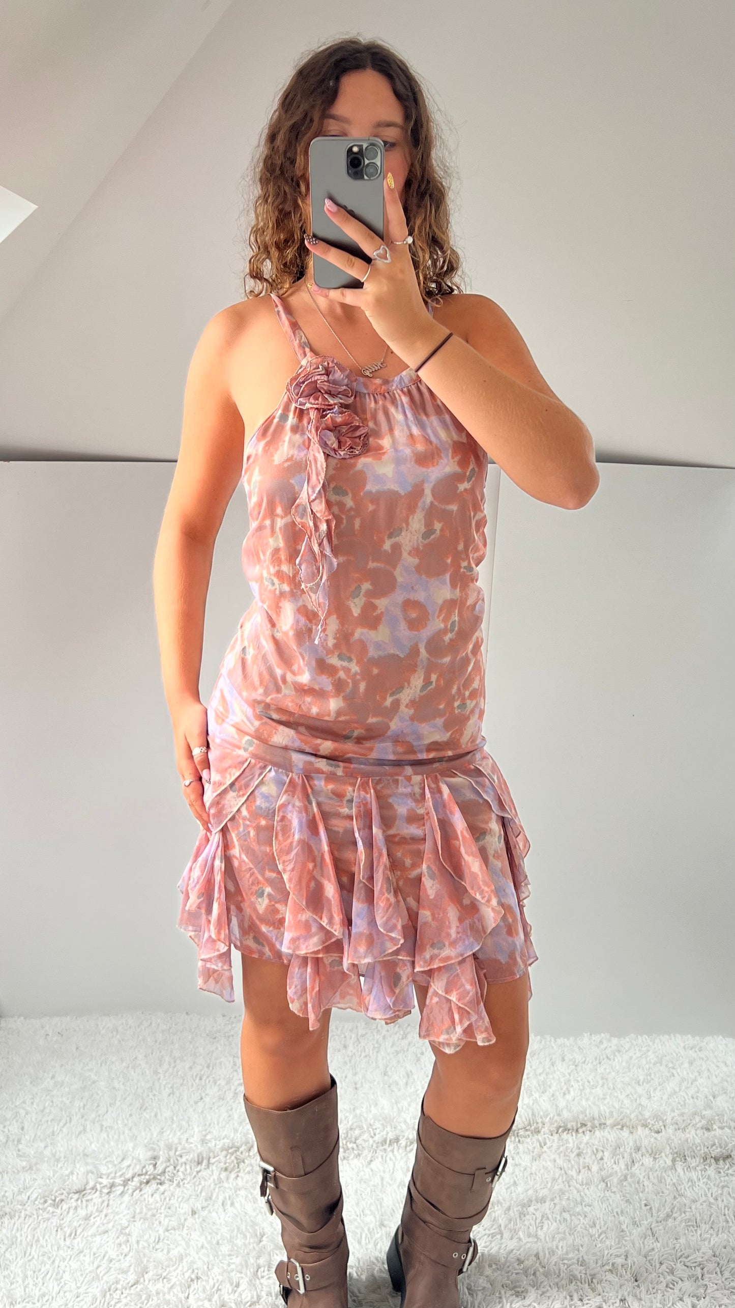 00s pink blue mesh midi dress- size M