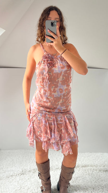 00s pink blue mesh midi dress- size M