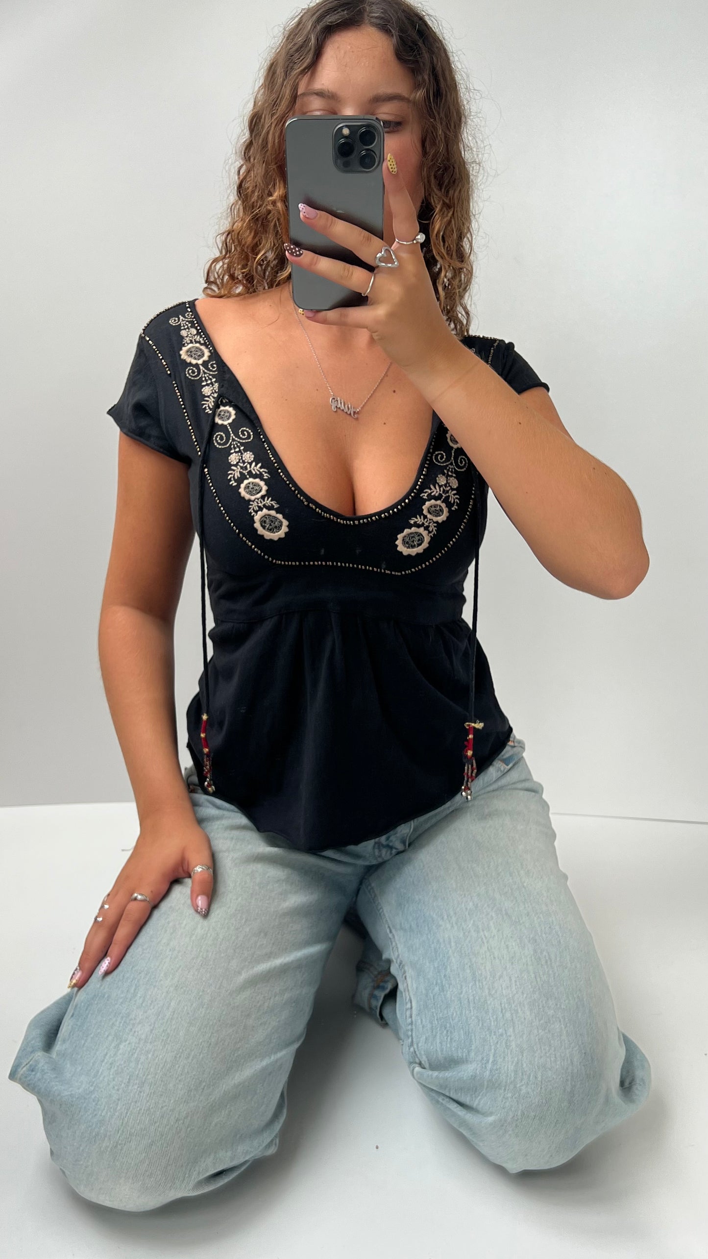00s black embroidered babydoll top- size S