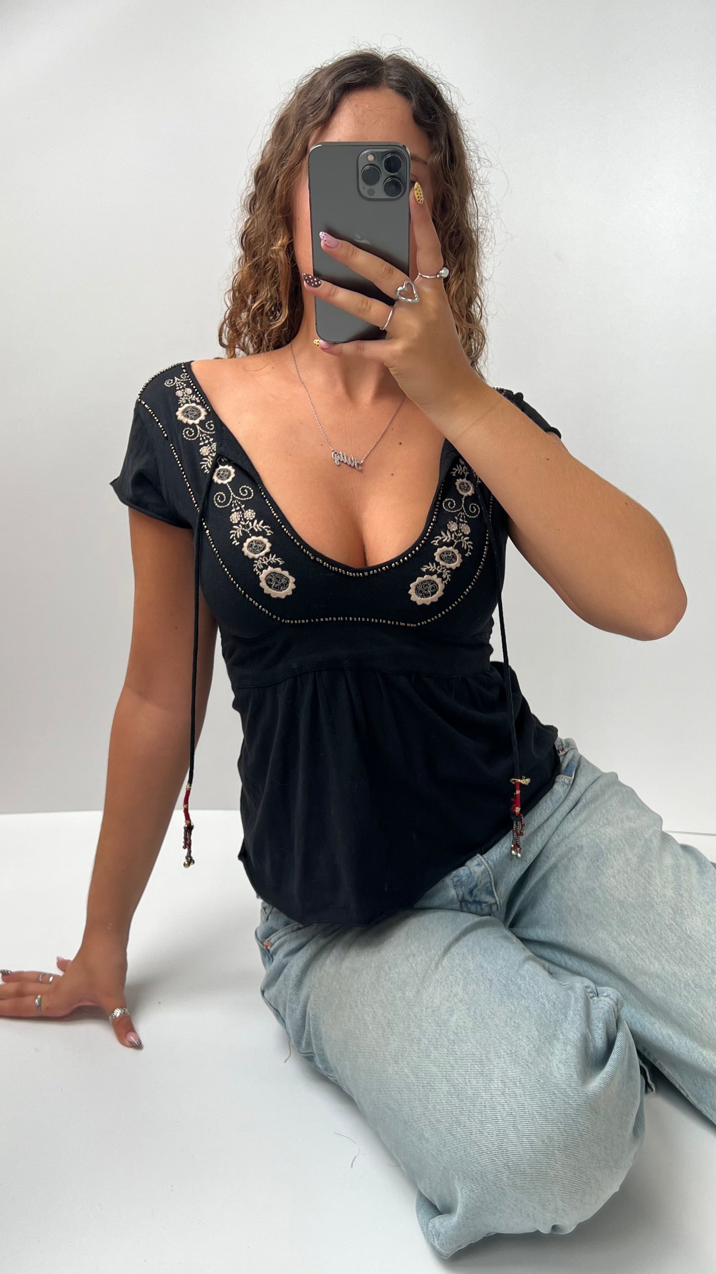 00s black embroidered babydoll top- size S