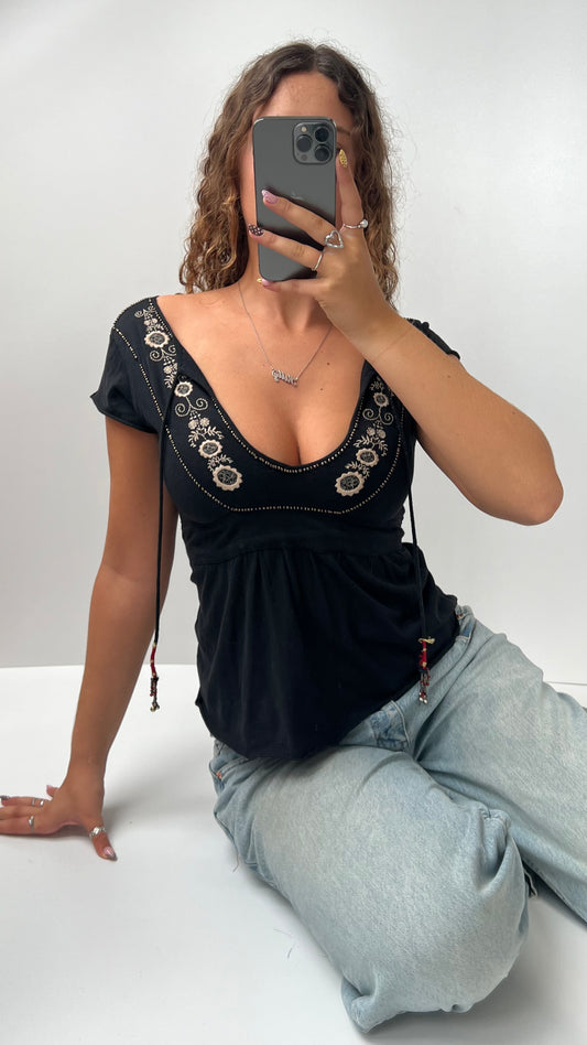 00s black embroidered babydoll top- size S