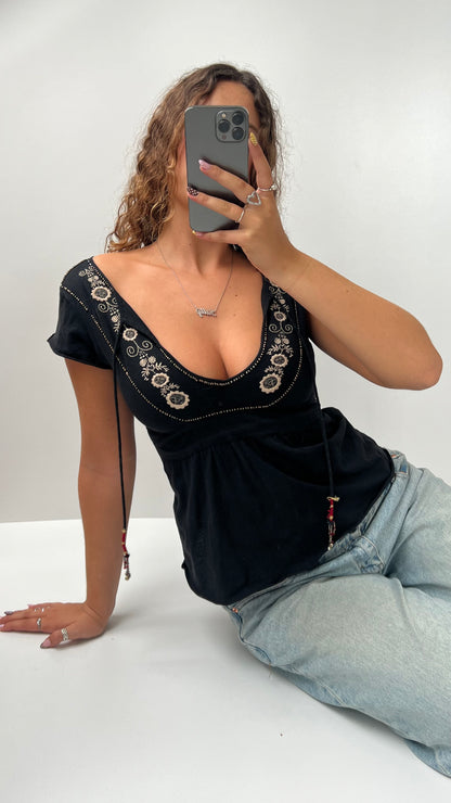 00s black embroidered babydoll top- size S