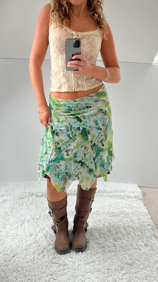 00s reversible green floral/brown mesh midi skirt- size S