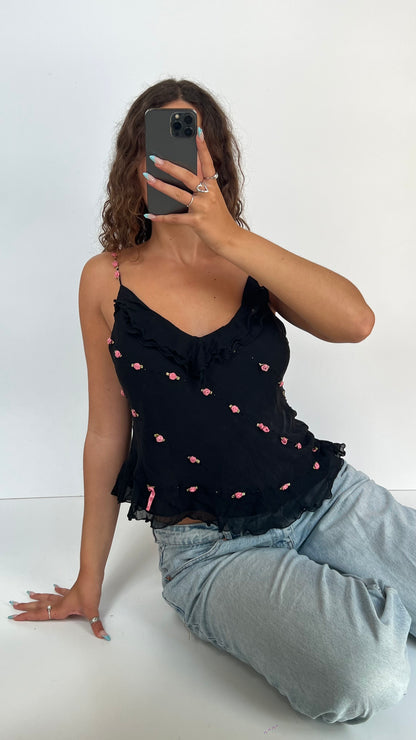 00s black silk flower cami- size L