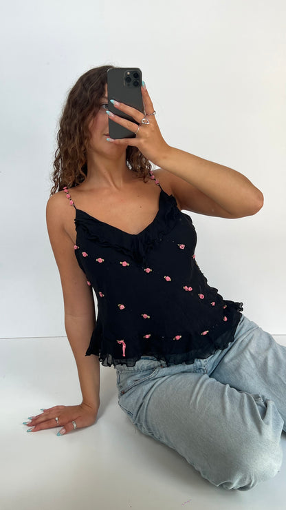 00s black silk flower cami- size L