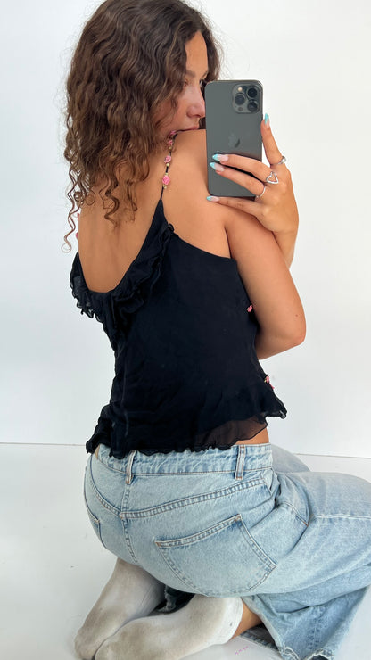 00s black silk flower cami- size L