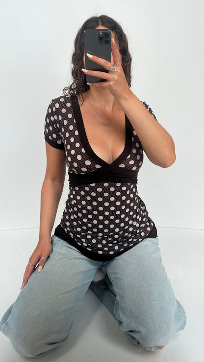 00s brown polka dot top- size L