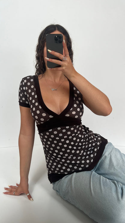 00s brown polka dot top- size L