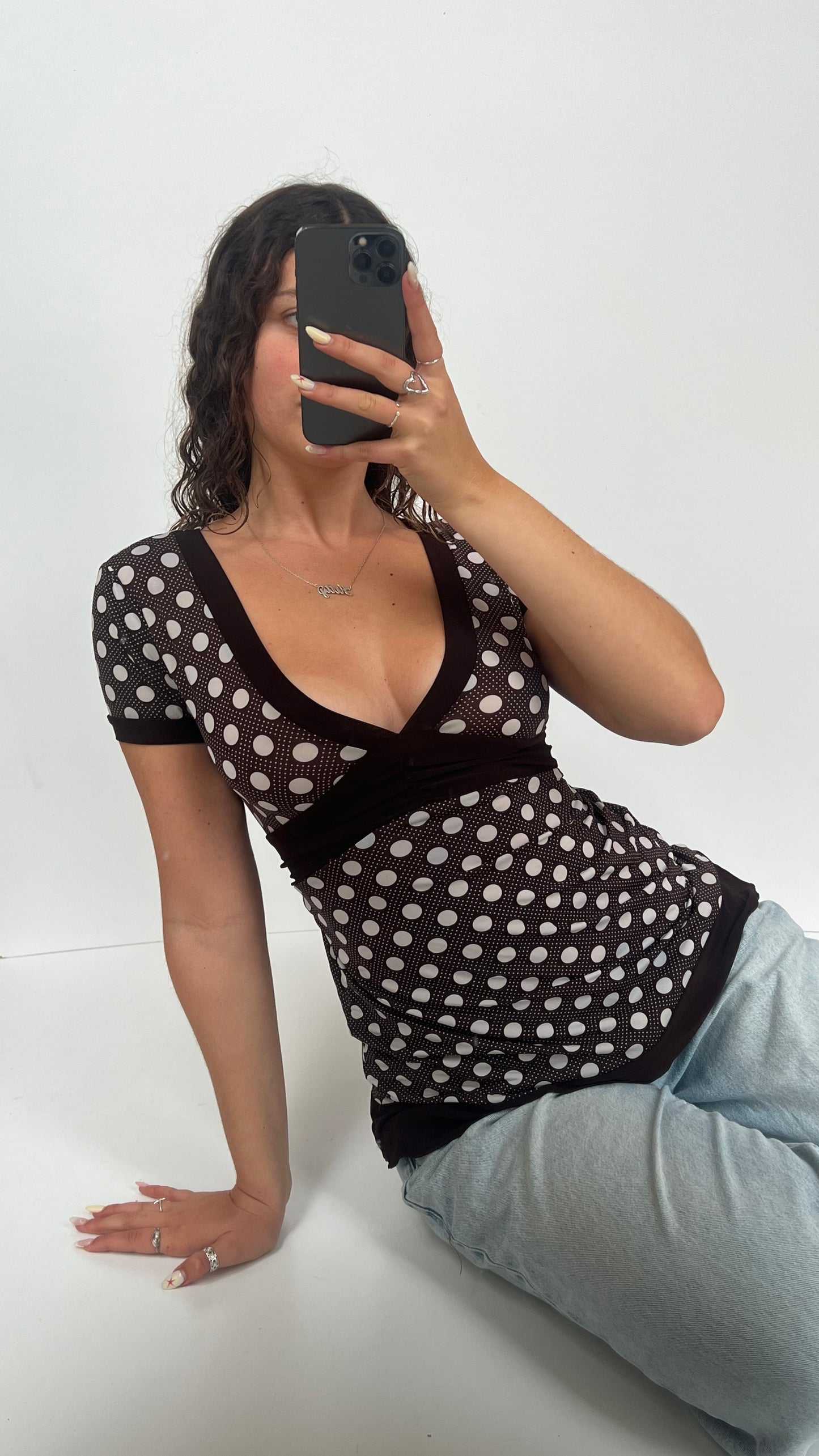 00s brown polka dot top- size L