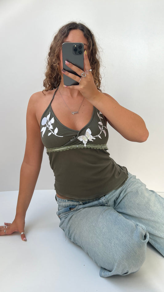00s khaki mesh butterfly cami- size S