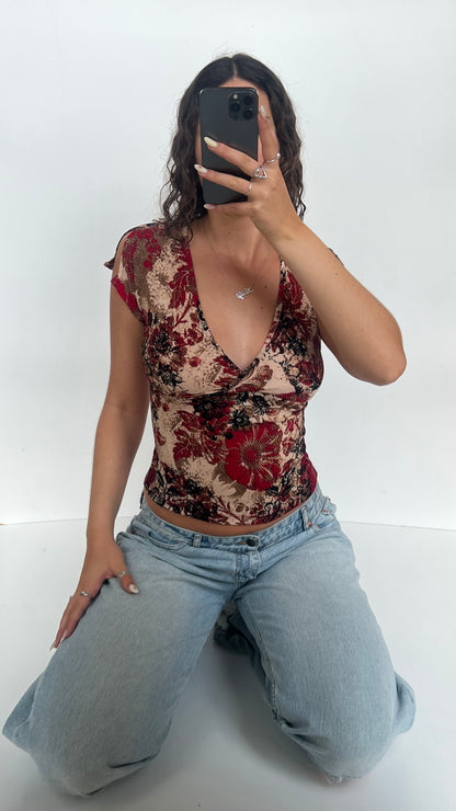 00s red floral babydoll top- size S