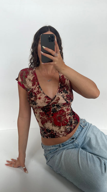 00s red floral babydoll top- size S