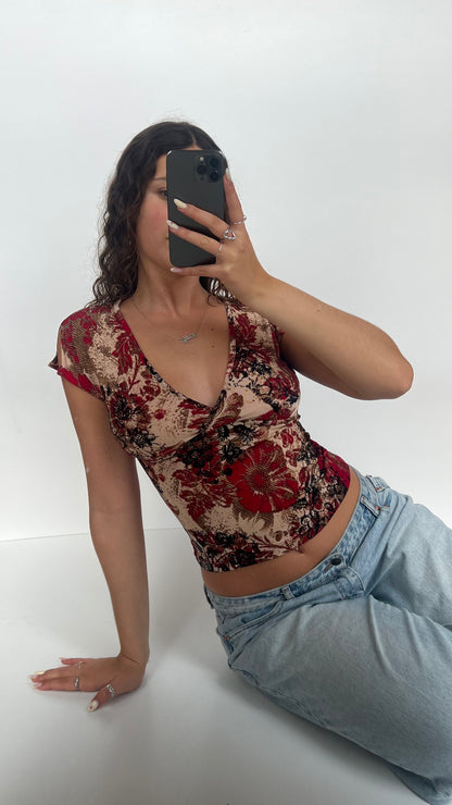00s red floral babydoll top- size S