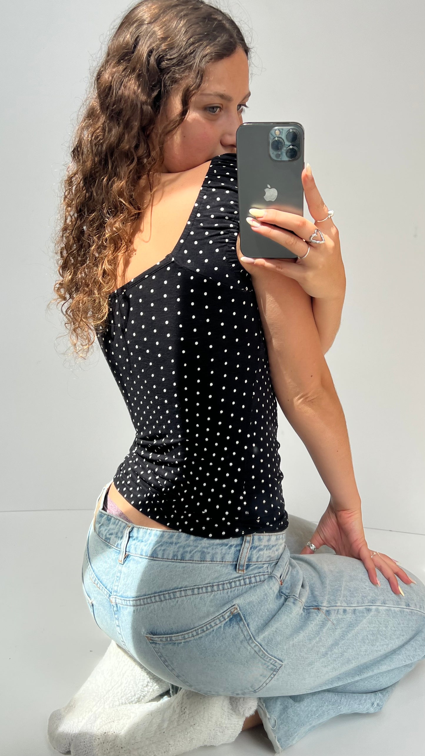 00s black polka dot top- size M