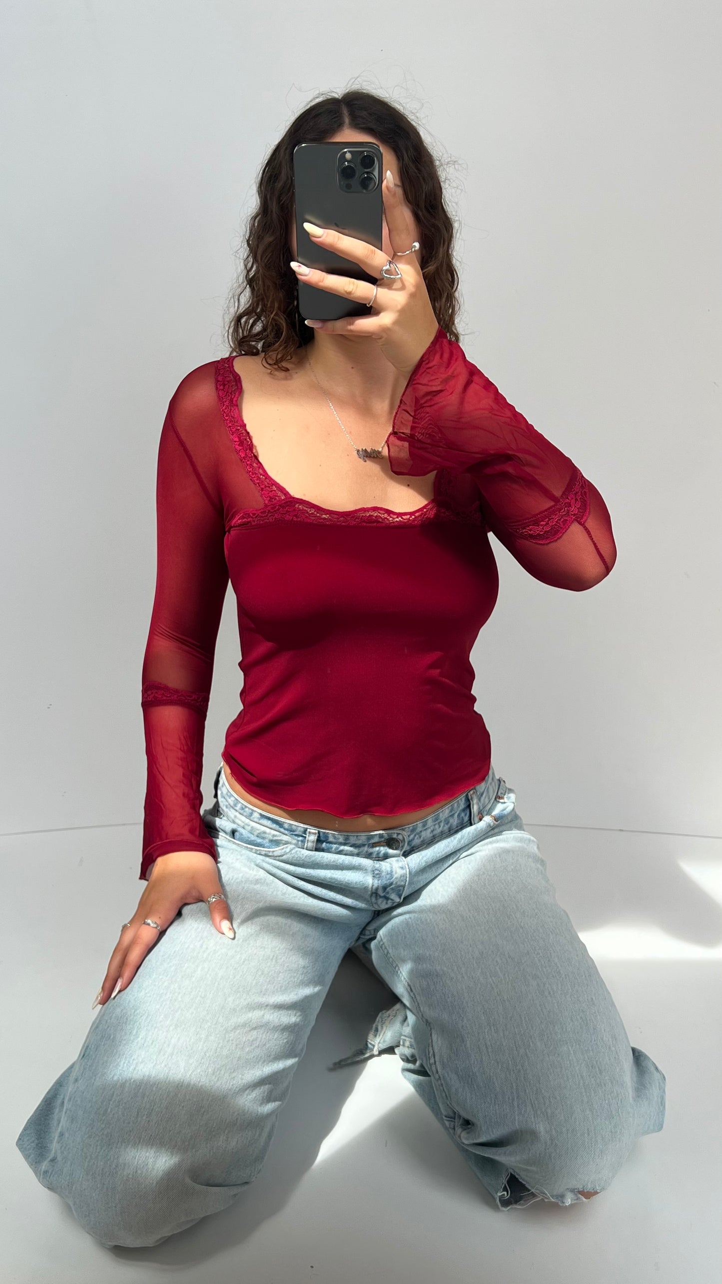 00s red lace long sleeve top- size M