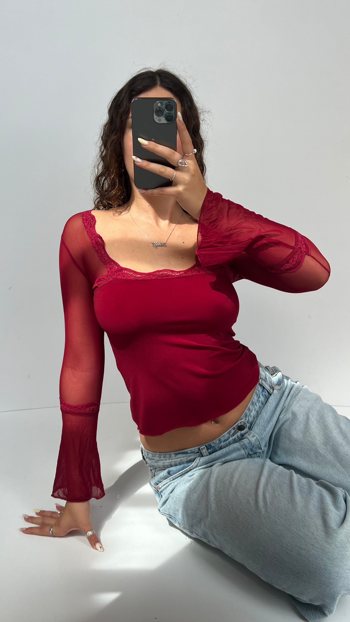 00s red lace long sleeve top- size M