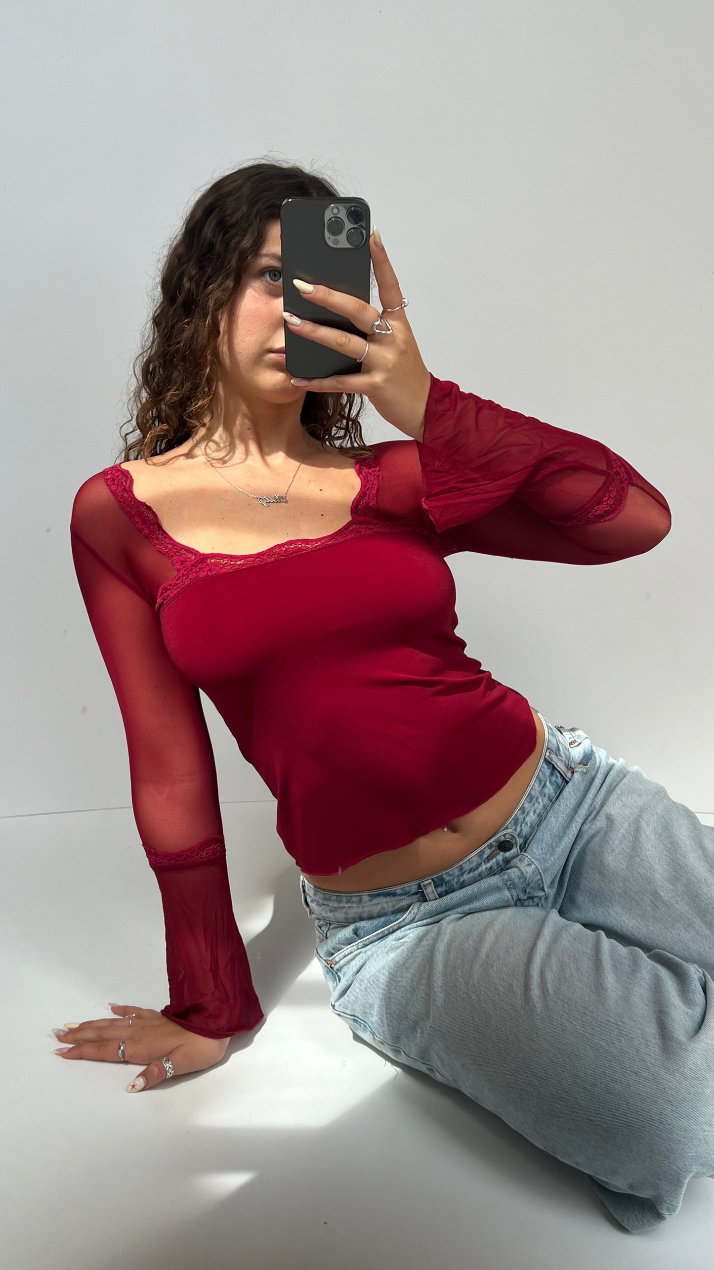 00s red lace long sleeve top- size M