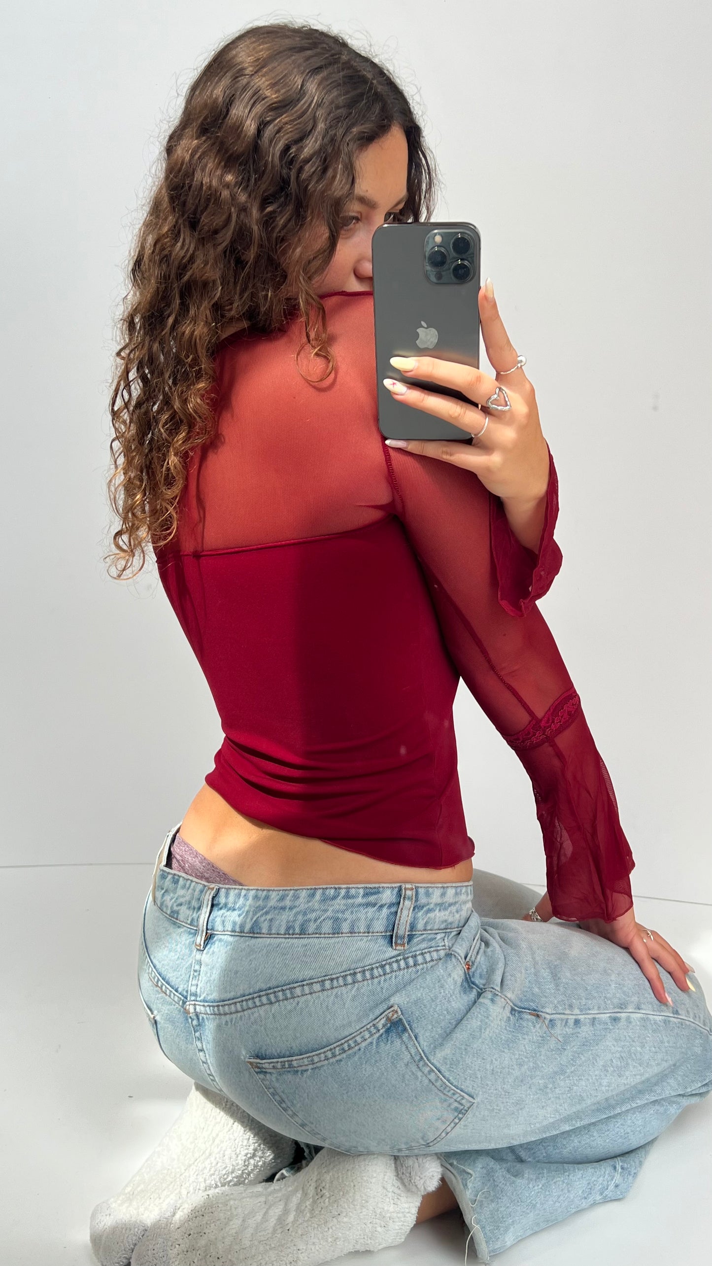 00s red lace long sleeve top- size M