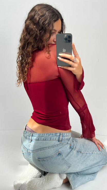 00s red lace long sleeve top- size M