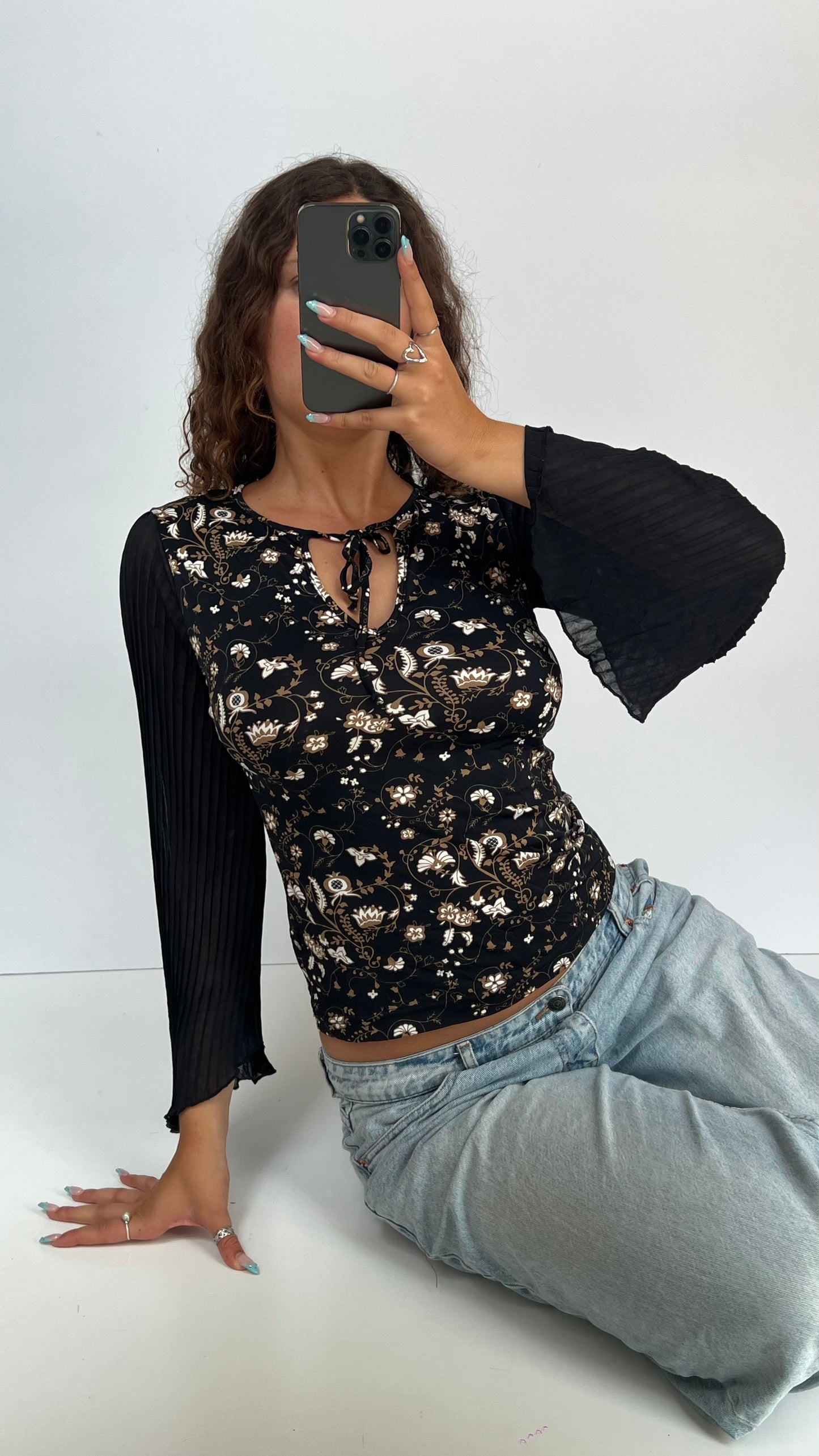 00s black floral top- size S