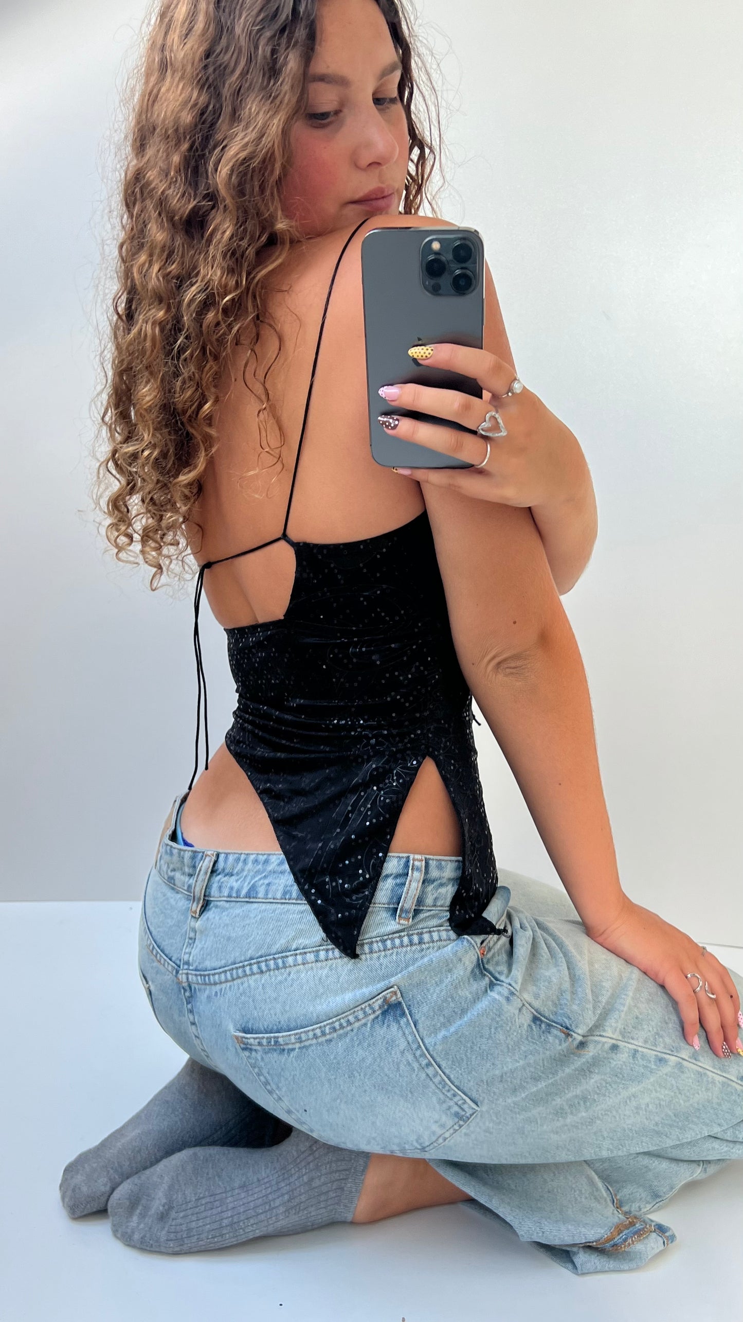 00s black glitter backless cami- size S