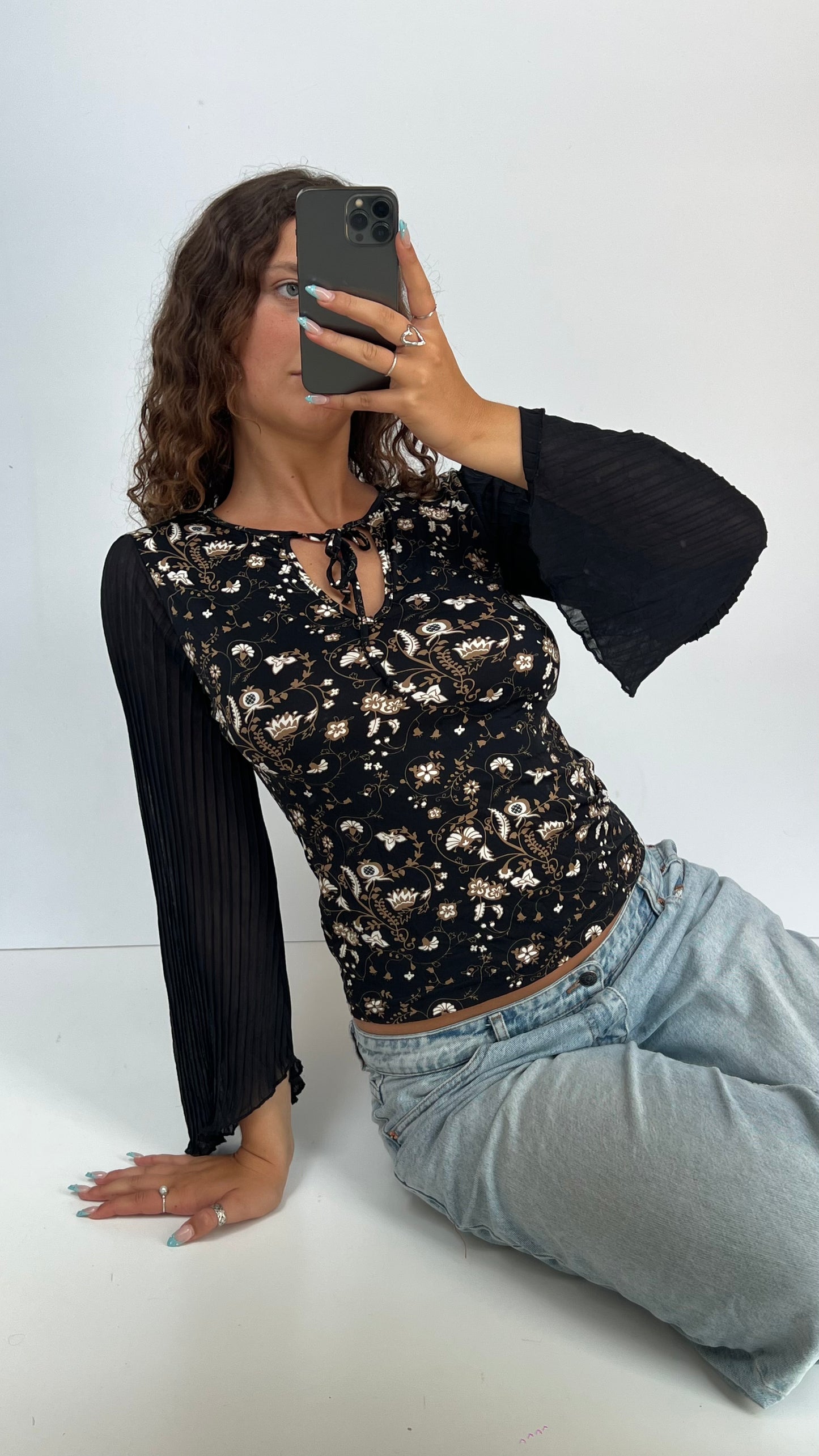 00s black floral top- size S