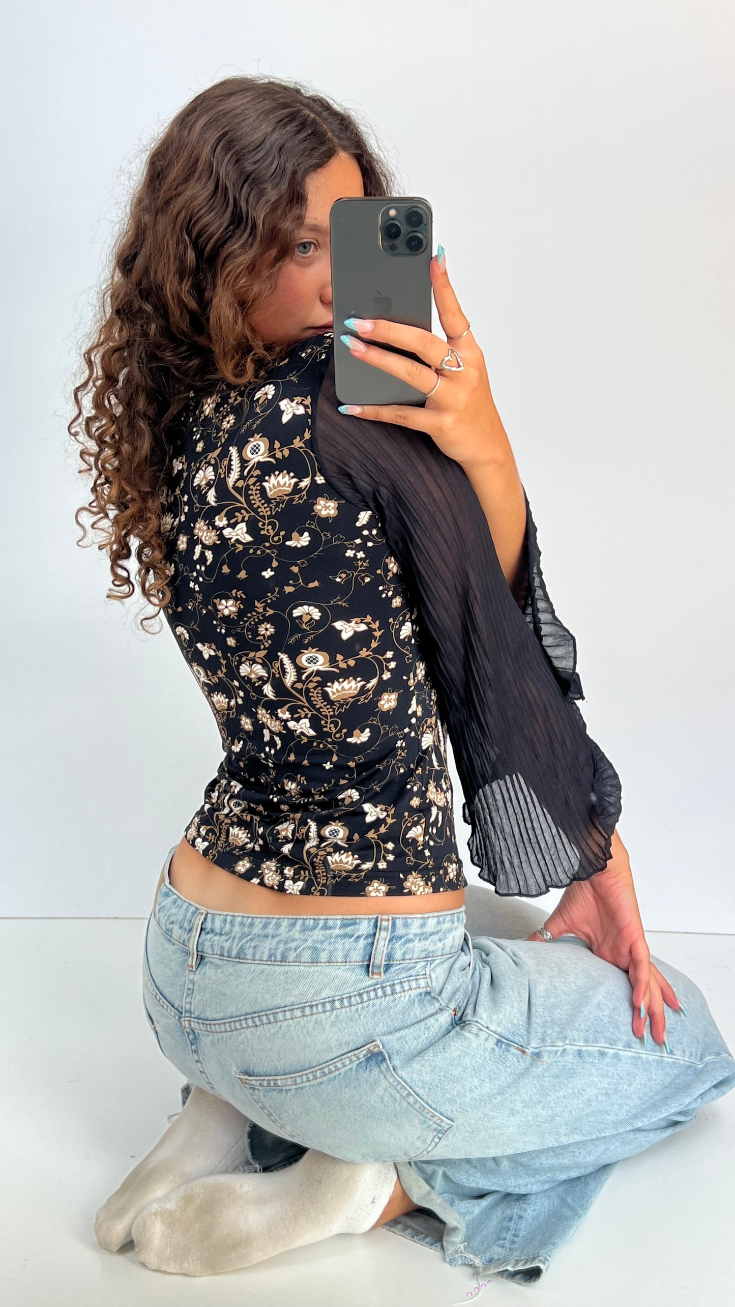 00s black floral top- size S