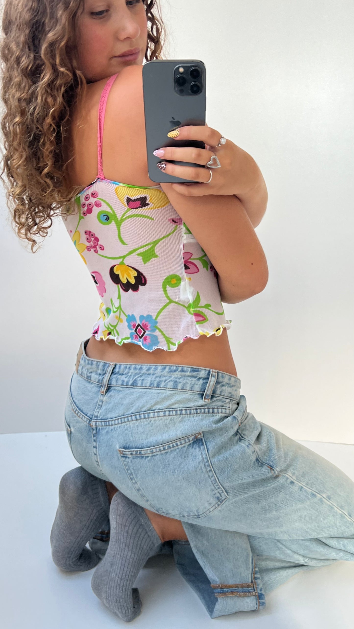 00s white floral mesh cami- size S