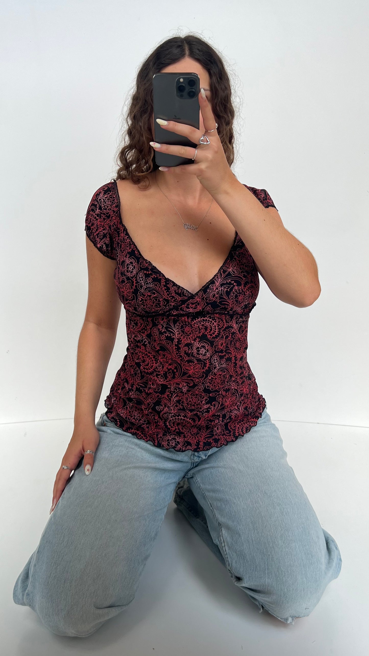 00s black red paisley top- size M