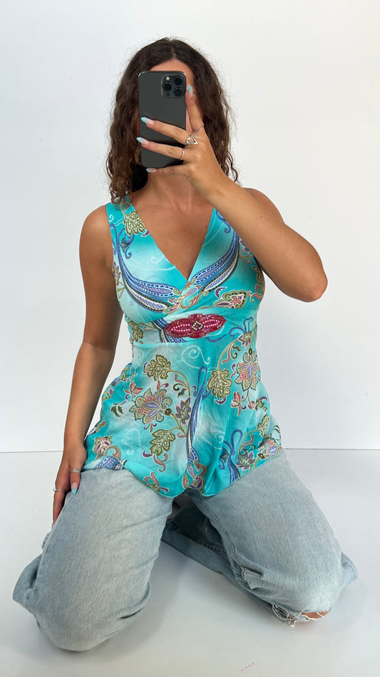 00s blue paisley mesh top- size S