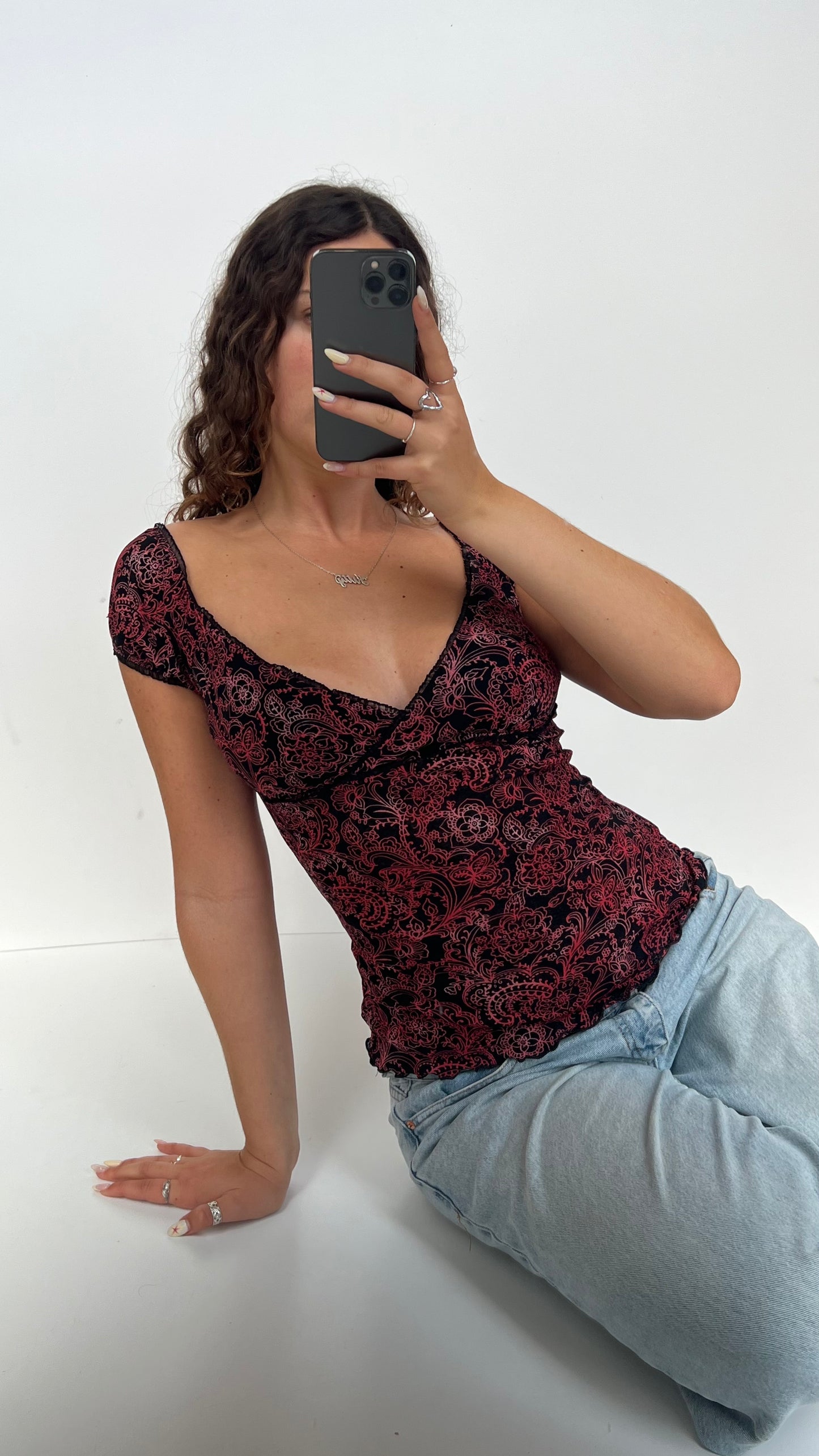 00s black red paisley top- size M