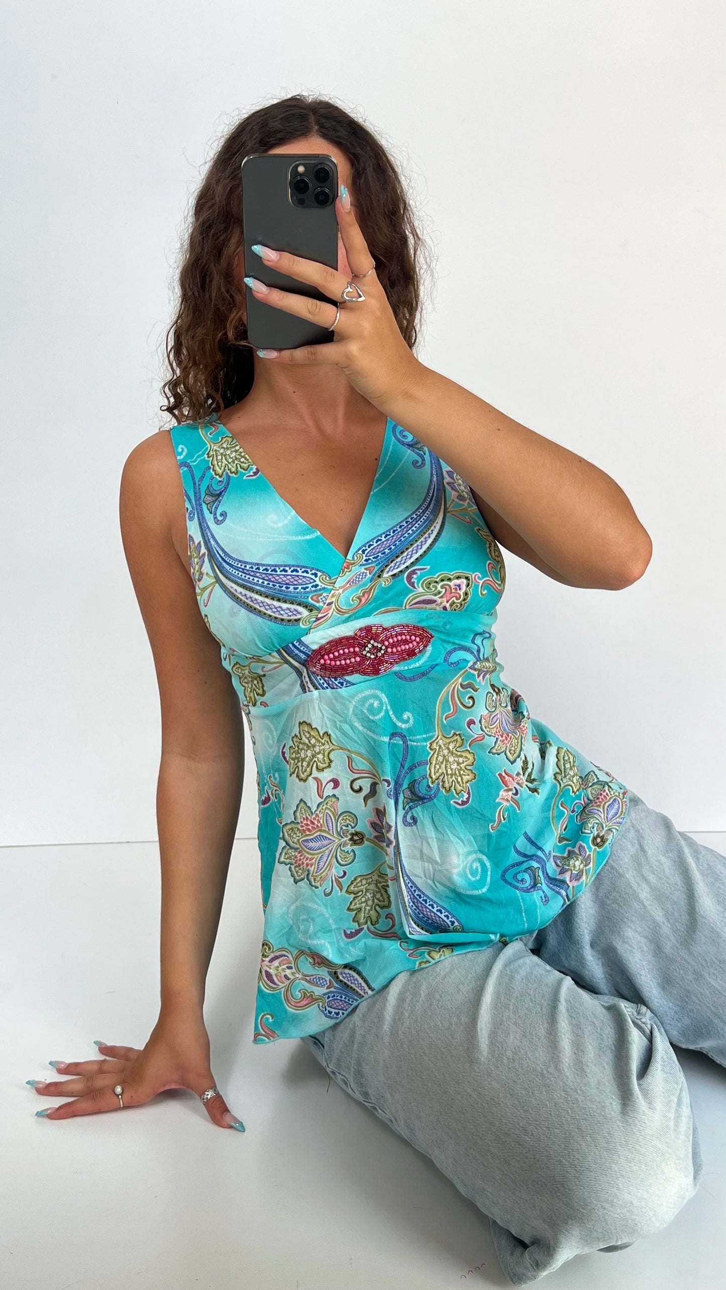 00s blue paisley mesh top- size S