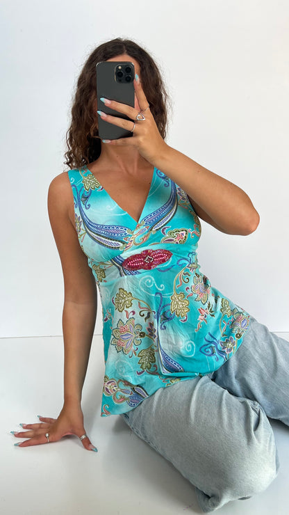 00s blue paisley mesh top- size S