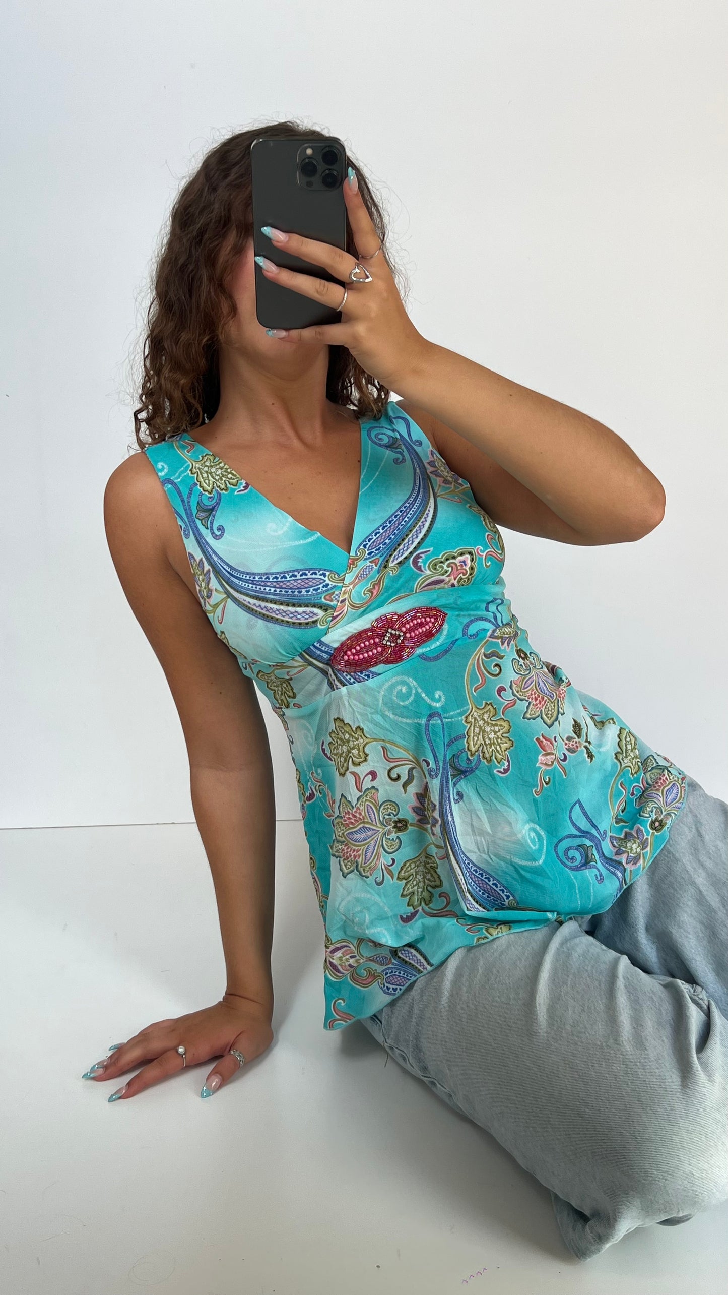 00s blue paisley mesh top- size S