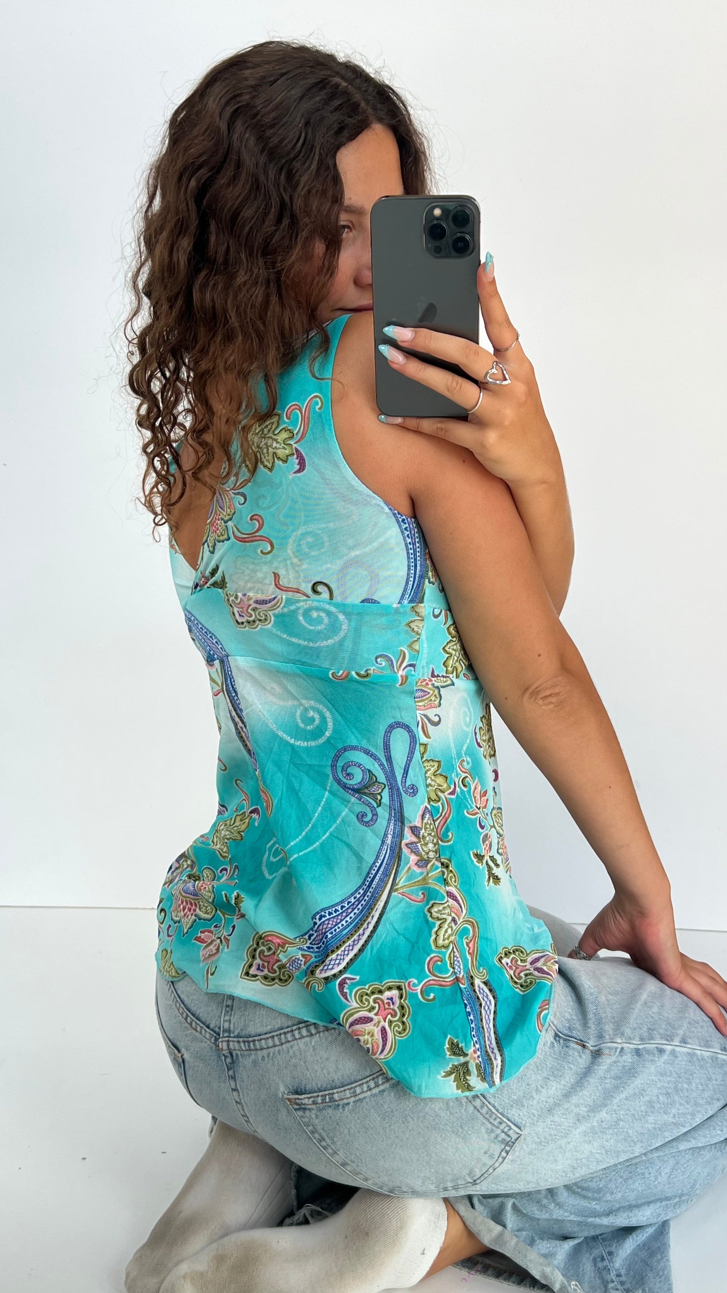 00s blue paisley mesh top- size S