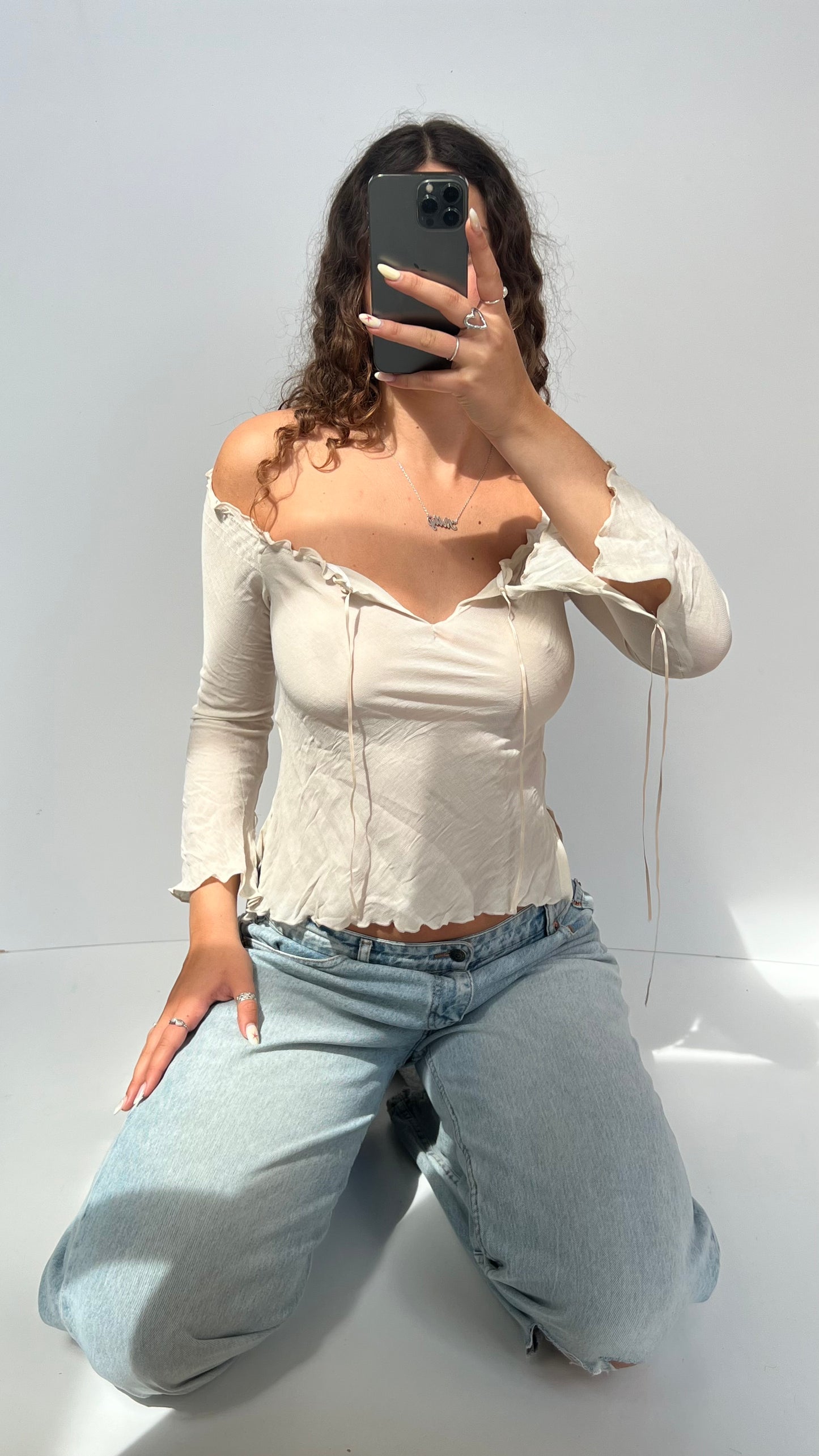 00s cream mesh long sleeve top- size S