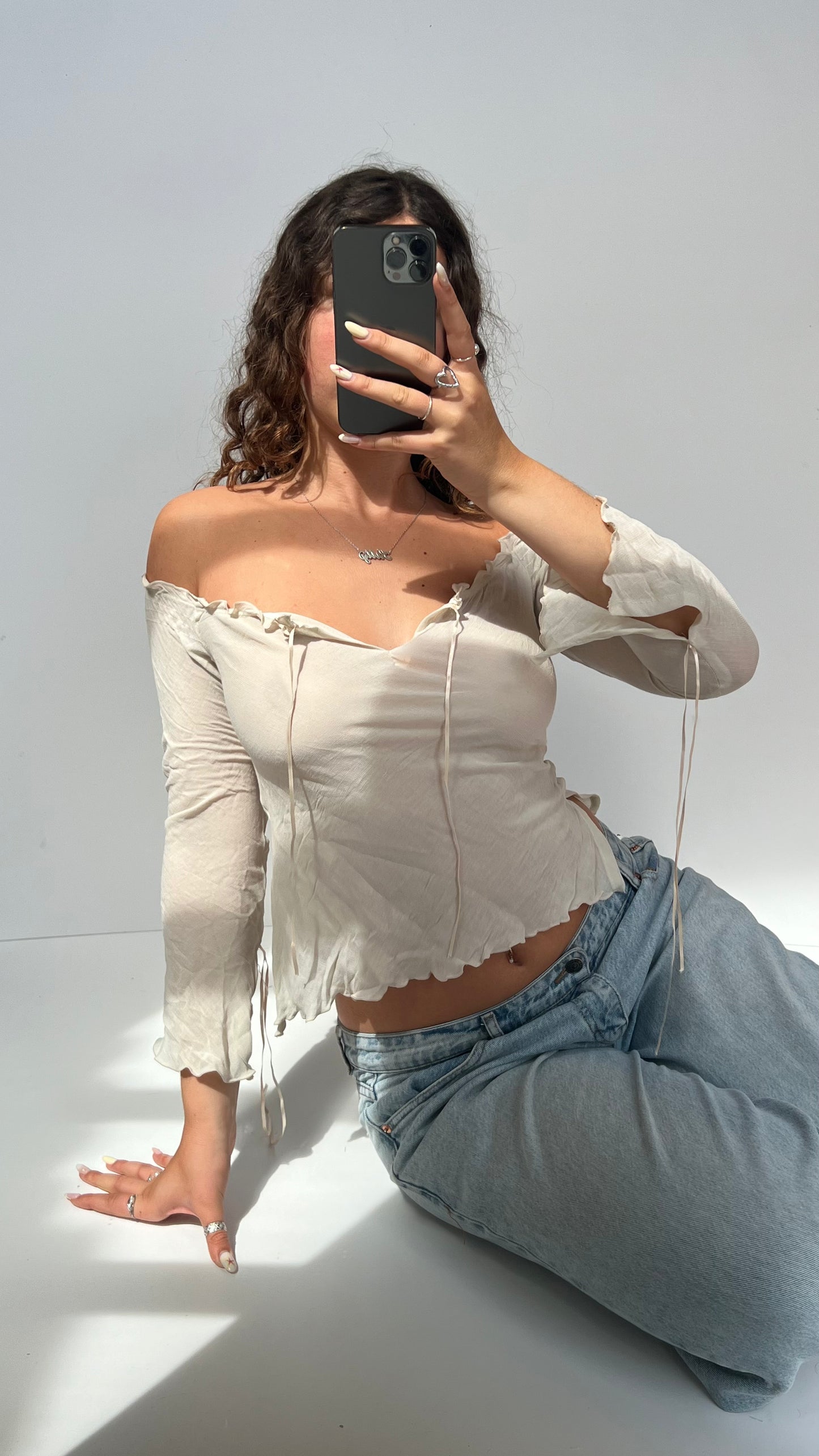 00s cream mesh long sleeve top- size S