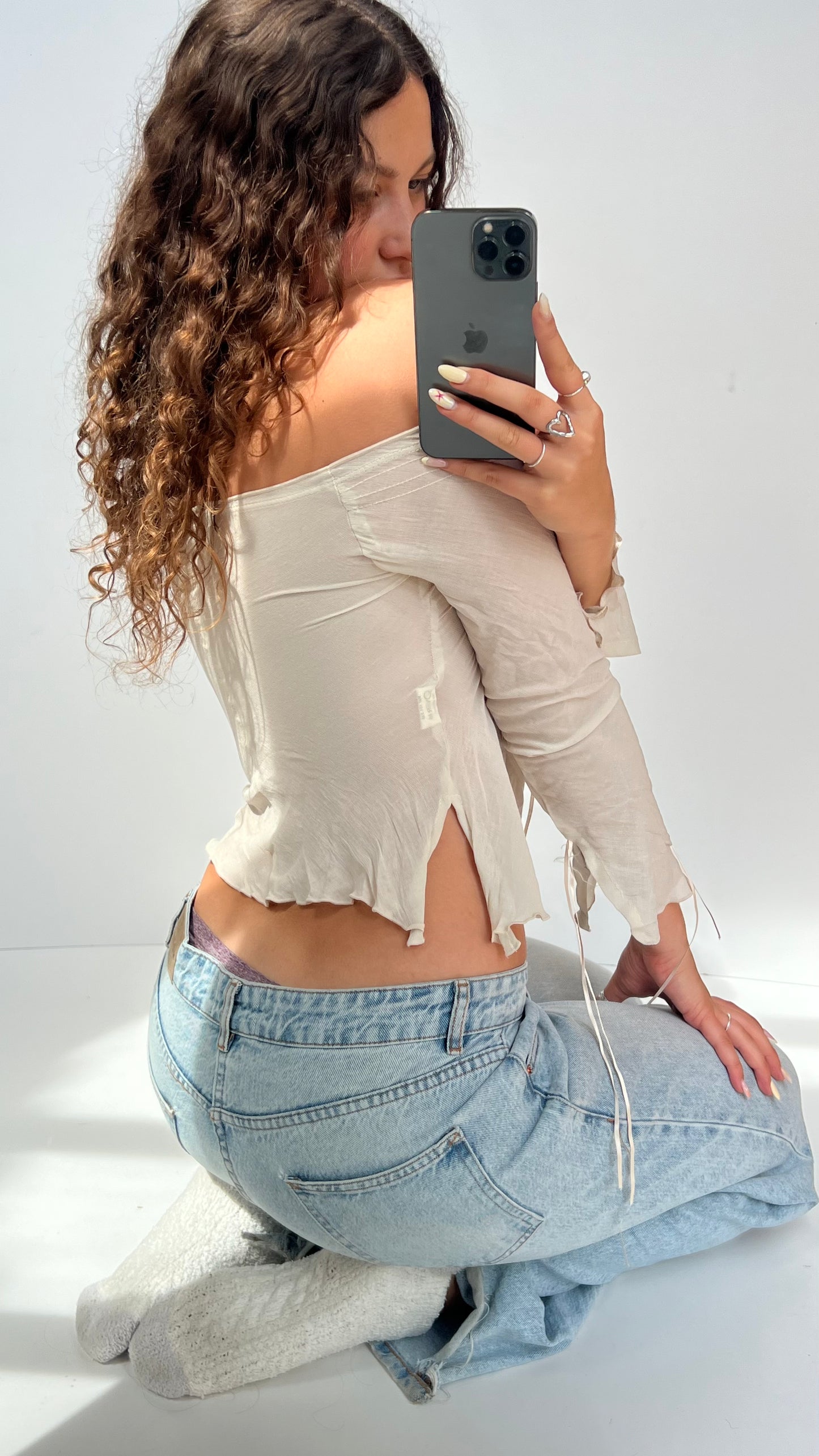 00s cream mesh long sleeve top- size S