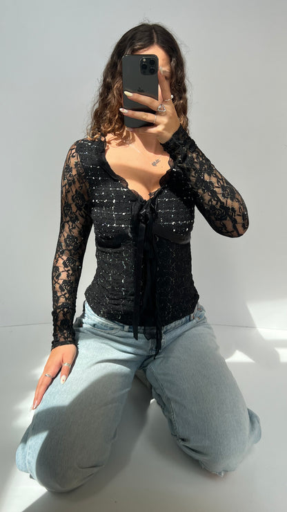 00s black lace glitter top- size S