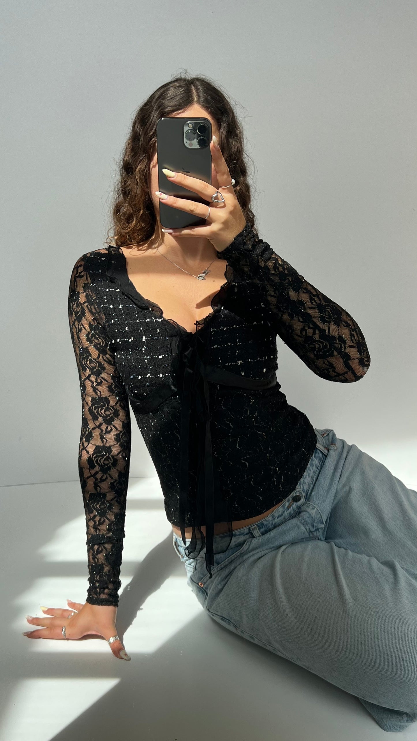 00s black lace glitter top- size S