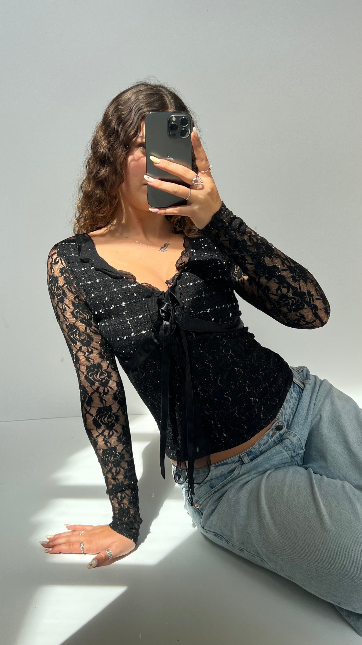 00s black lace glitter top- size S