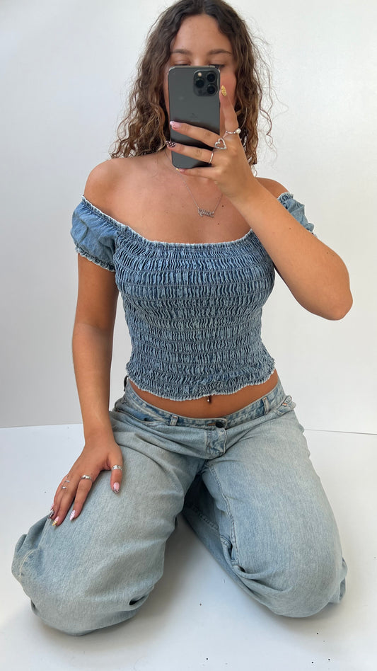 00s denim milkmaid top- size S