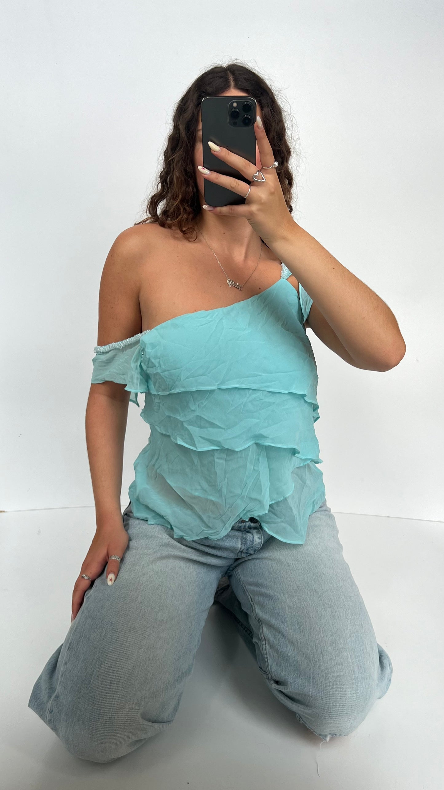00s teal mesh ruffle cami- size L