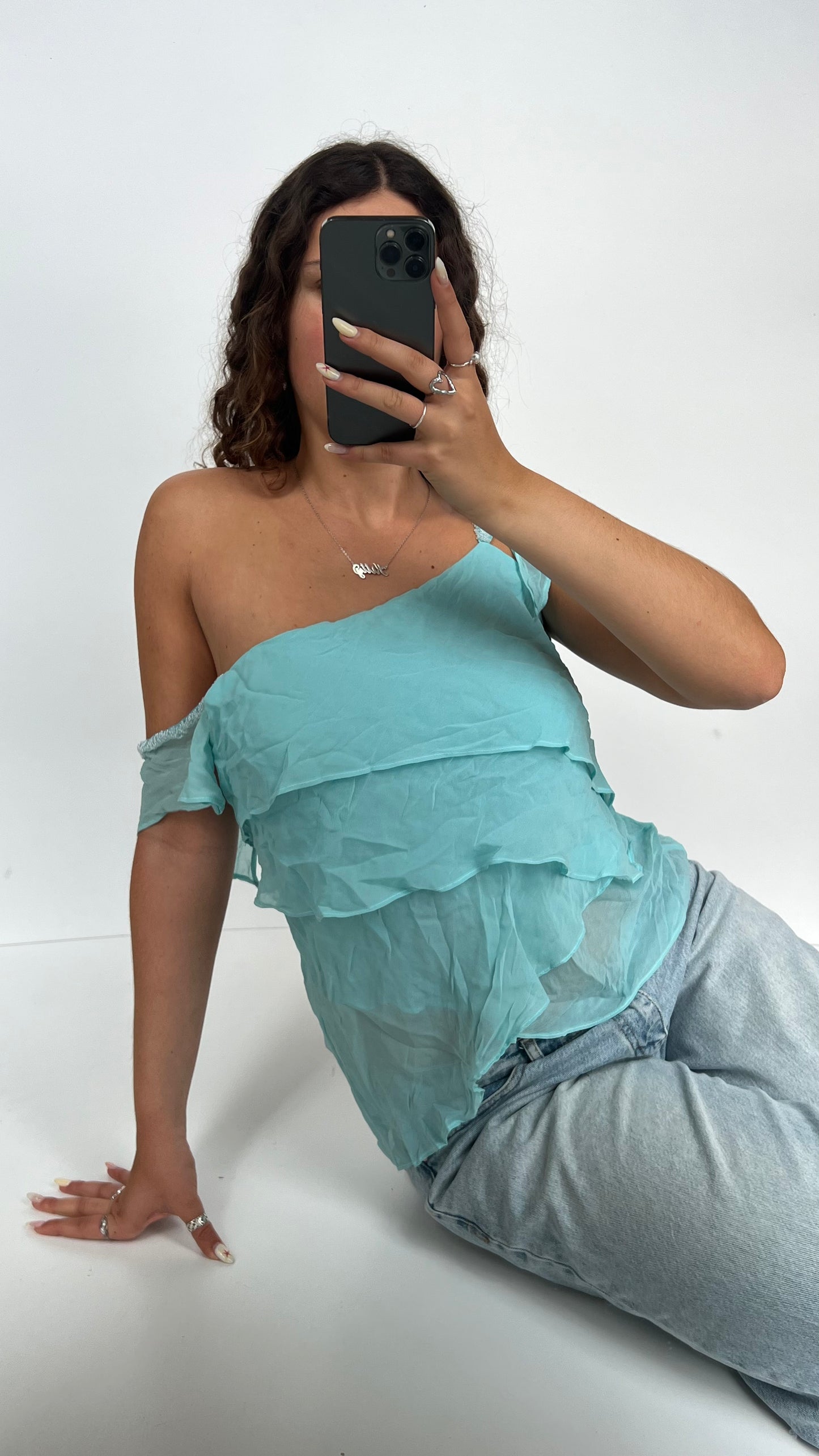 00s teal mesh ruffle cami- size L