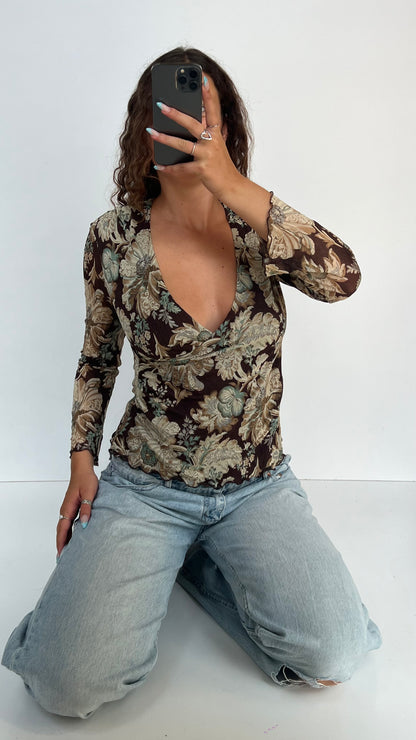 00s brown floral mesh top- size M