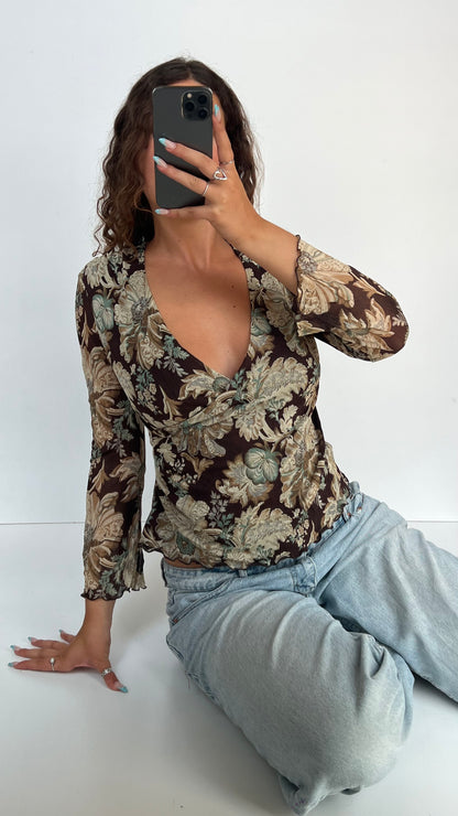 00s brown floral mesh top- size M