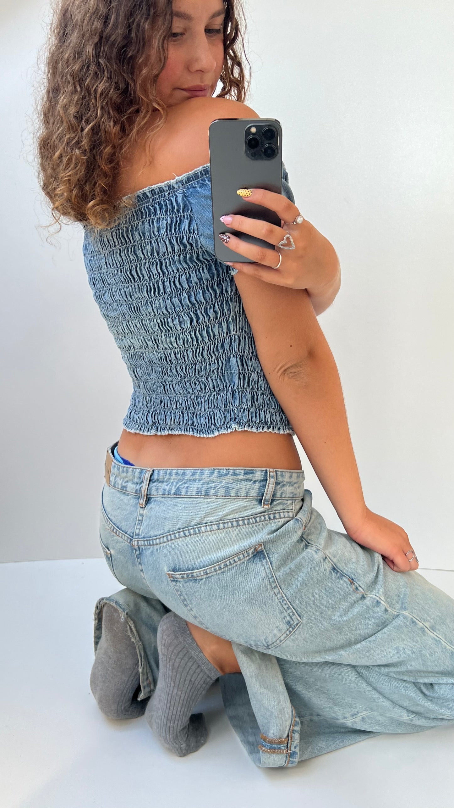 00s denim milkmaid top- size S