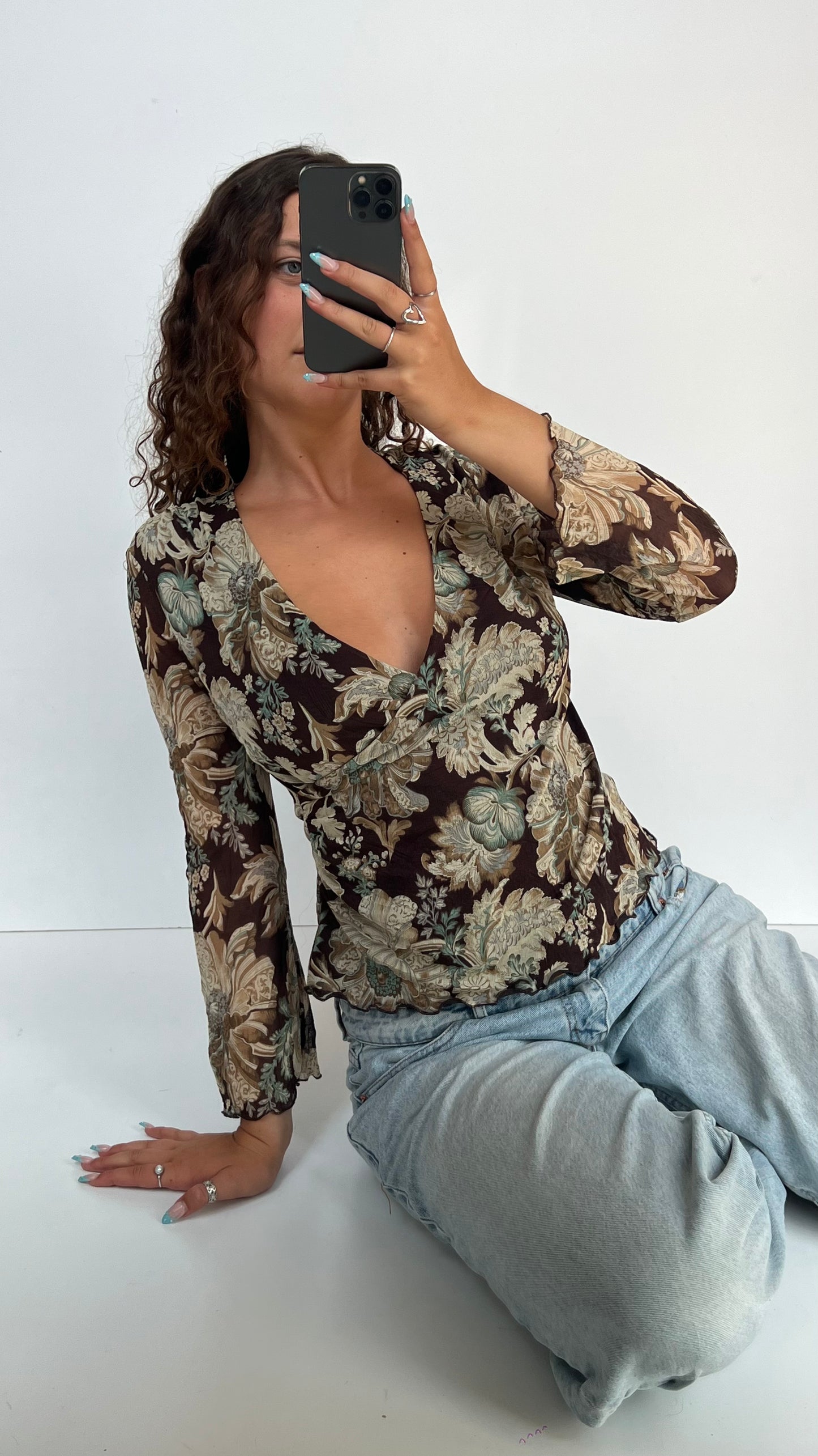 00s brown floral mesh top- size M