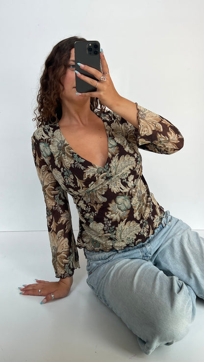 00s brown floral mesh top- size M